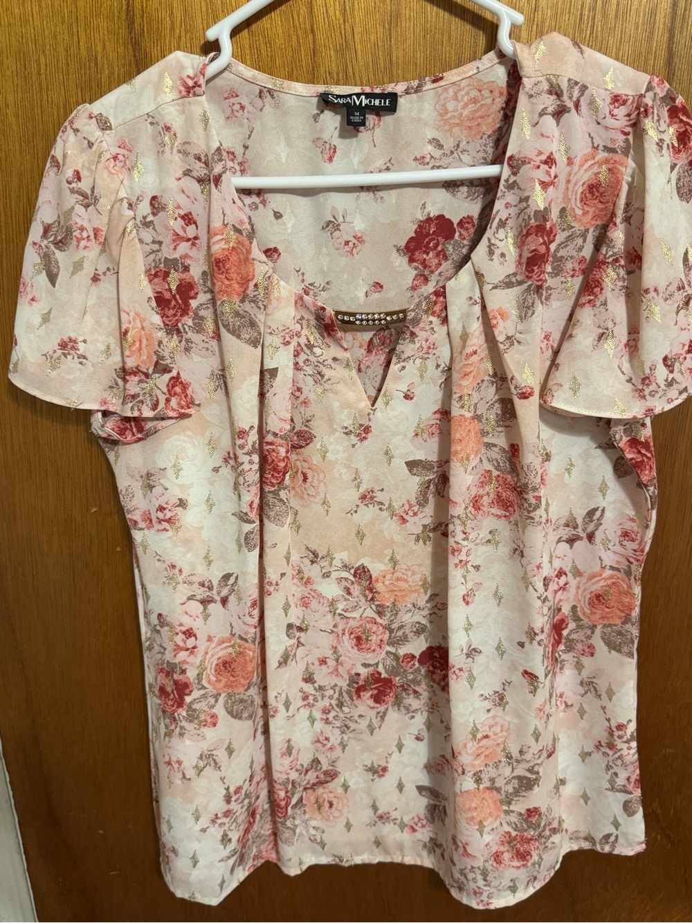 Sara Michelle Blush Pink Floral Flutter-Sleeve Blouse
